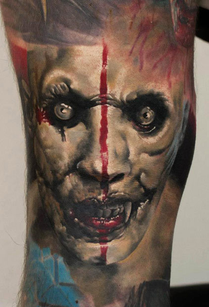 Latest 3D Horror Face Tattoo Design By Denis Sivak