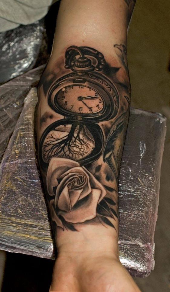 Left Forearm Grey Ink Rose And Pocket Watch Tattoo