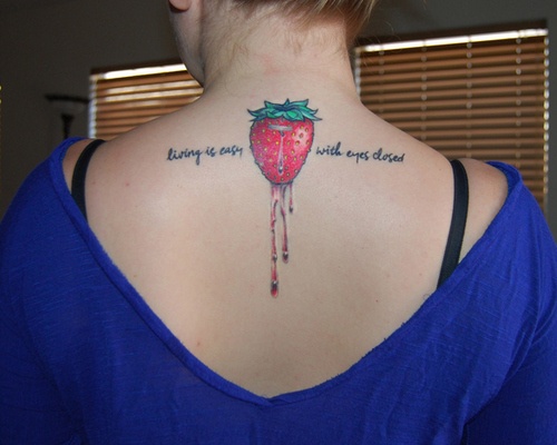 Living Is Easy With Eyes Closed Beatles Lyrics With Strawberry Tattoo On Upper Back