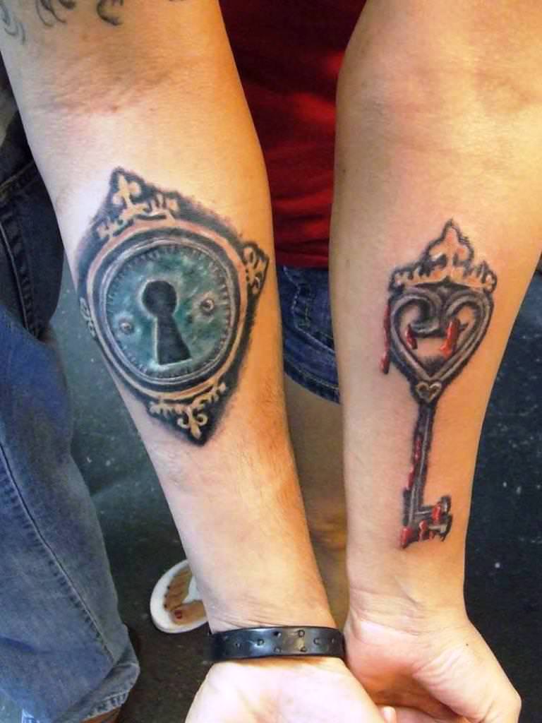 Lock And Heart Key Tattoos On Forearm