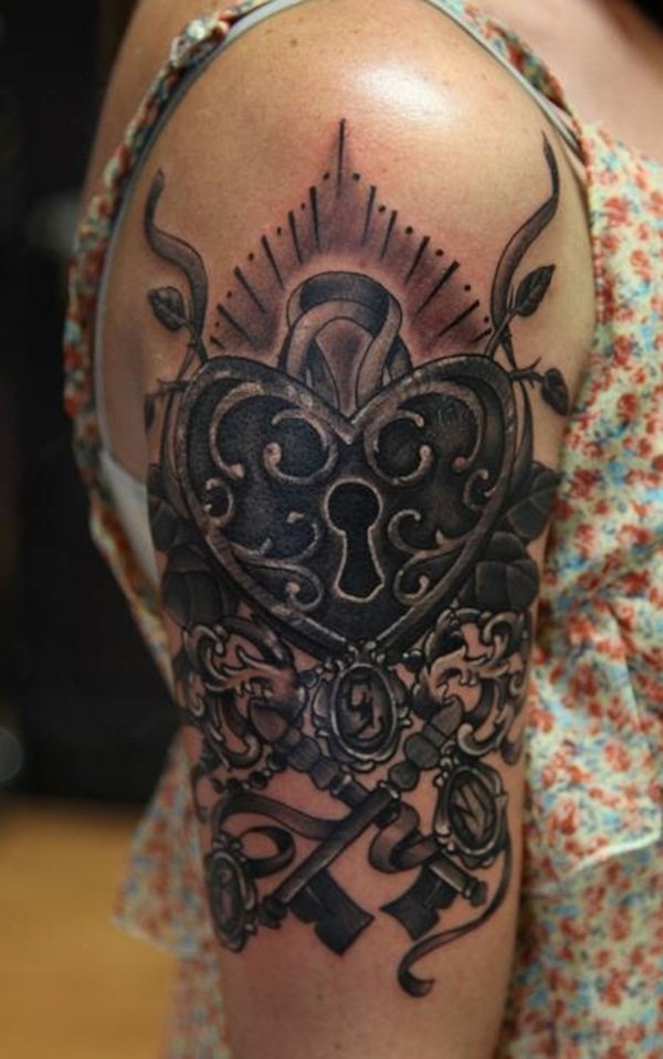 Lock Heart And Skeleton Key Tattoo On Right Half Sleeve