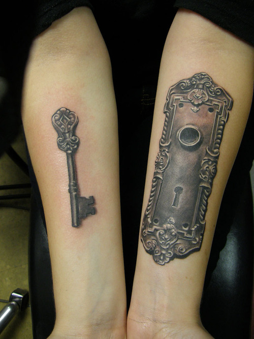 Lock Plate And Skeleton Key Tattoos On Both Forearm
