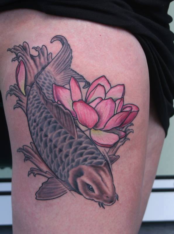 Lotus Flower And Koi Fish Tattoo On Side Thigh by by Anders Grucz
