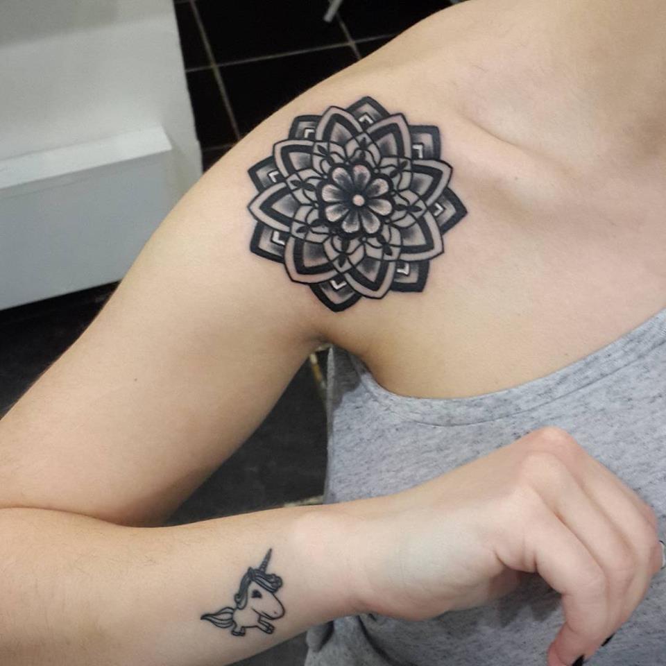 Mandala Tattoo On Front Shoulder by Engin Koc