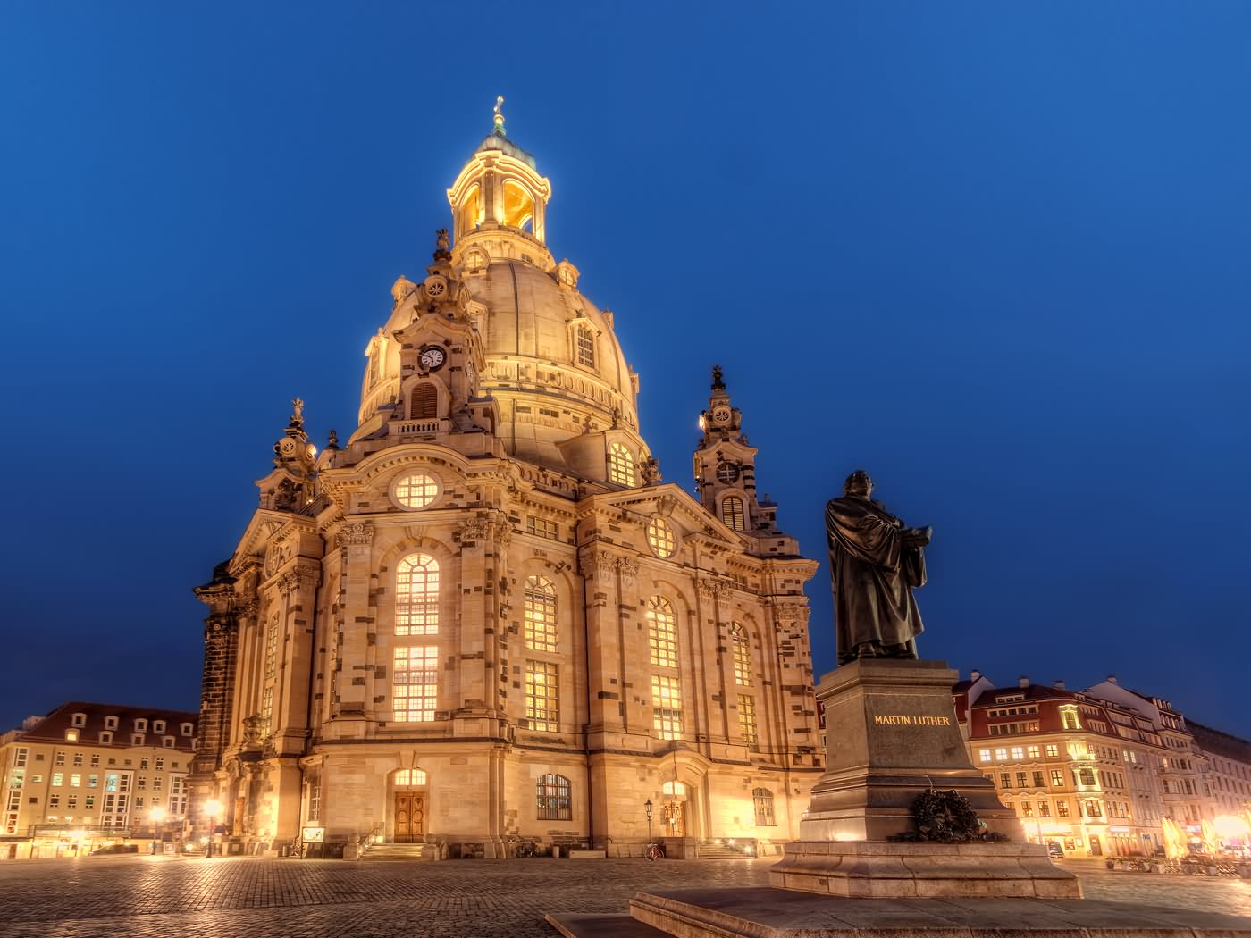 Martin Luther Statue In Front Of Frauenkirche Dresden Lit Up At Night