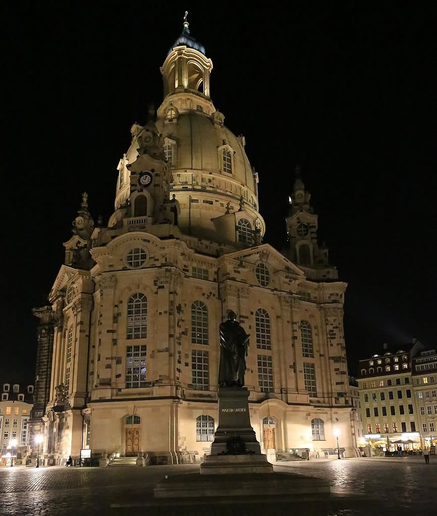 Martin Luther Statue In Front Of The Frauenkirche Dresden During Night