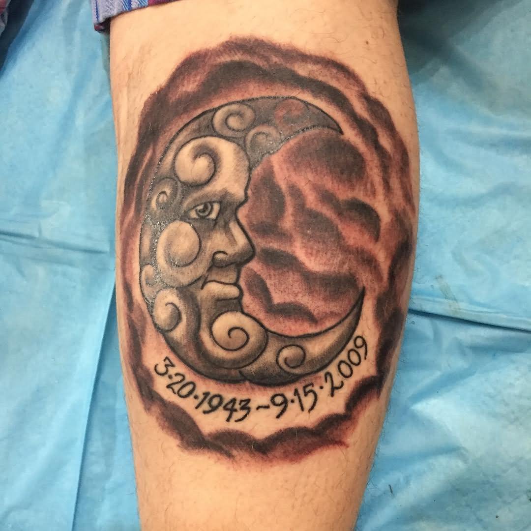 Memorial Black Ink Half Moon With Clouds Tattoo On Wrist