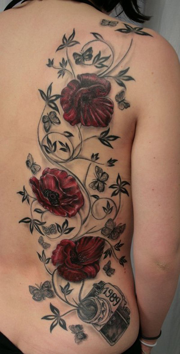 Memorial Poppy Flowers With Camera Tattoo On Full Back