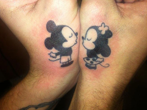 Mickey And Minnie Kissing Tattoos On Hands