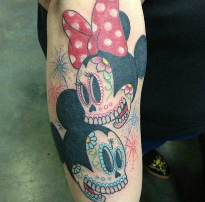 Mickey And Minnie Sugar Skulls Tattoos On Right Forearm