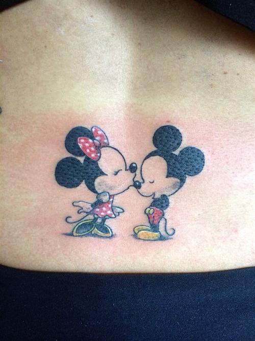 Mickey Minnie Kissing Tattoo On Lower Back