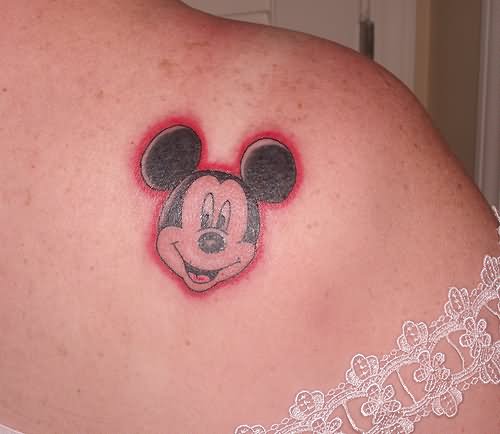 Mickey Mouse Head Tattoo On Front Shoulder