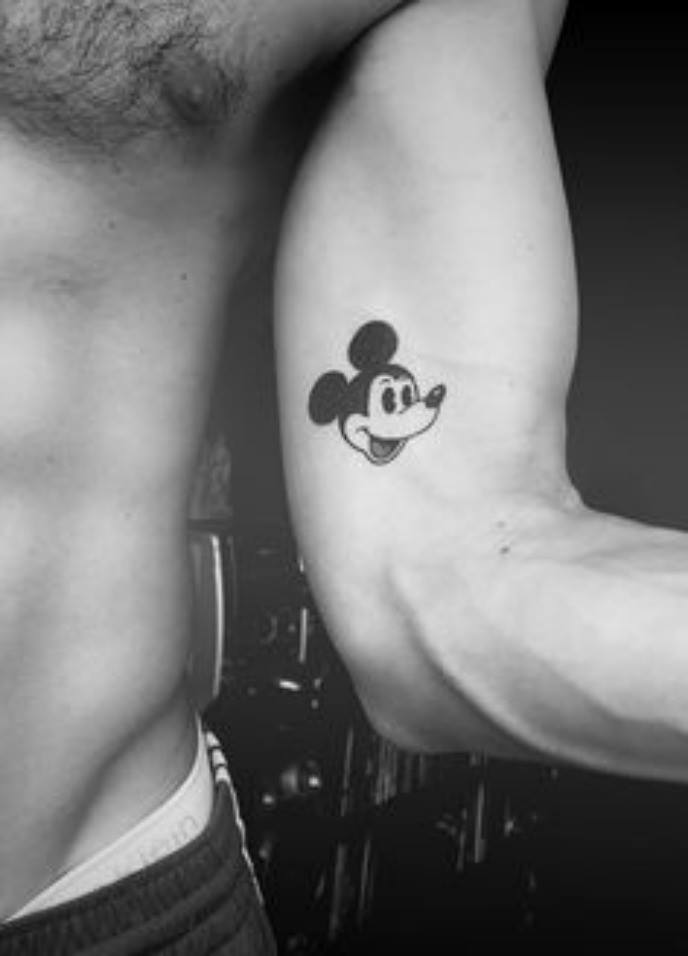 Mickey Mouse Head Tattoo On Inner Bicep