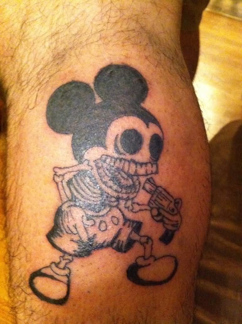 Mickey Mouse Skeleton With Gun Tattoo