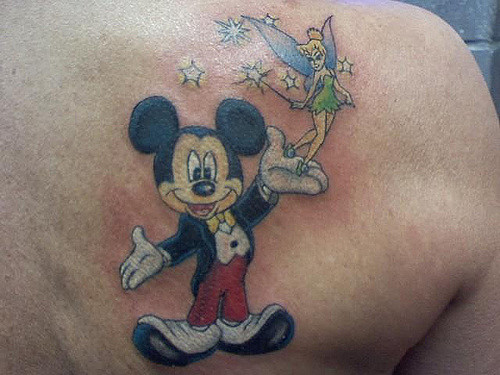 Mickey Mouse With Fairy Tattoo On Right Back Shoulder