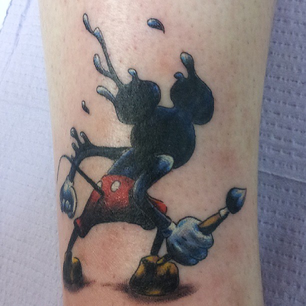 Mickey Mouse With Paint Brush Tattoo