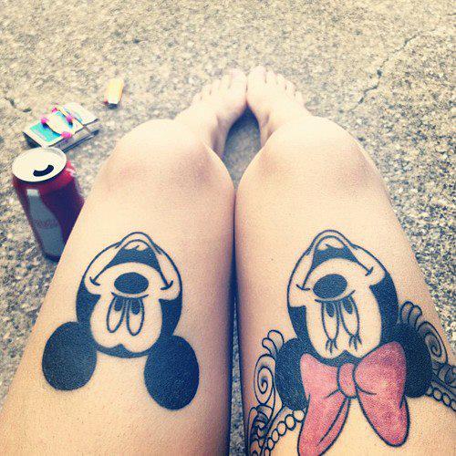 Minnie And Mickey Mouse Tattoos On Both Thigh