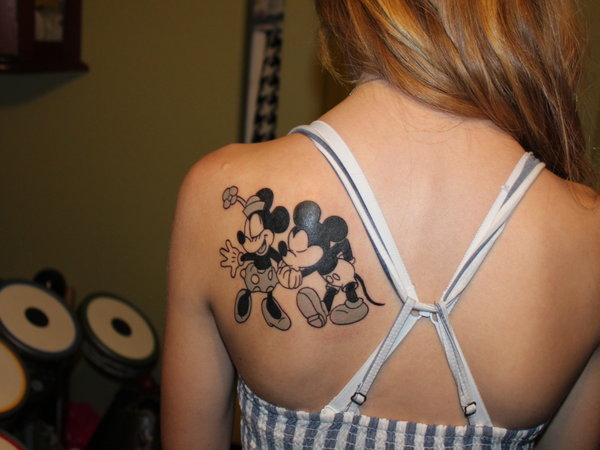 Minnie And Mickey Mouse Tattoos On Left Back Shoulder