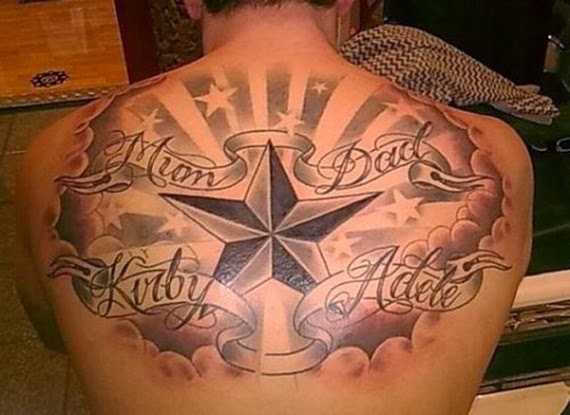 Nautical Star With Banner And Cloud Shading Tattoo On Man Upper Back