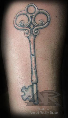 Nice Grey Ink Skeleton Key Tattoo by Dustin