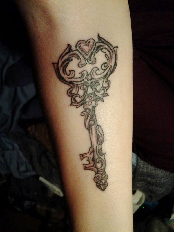 Nice Grey Skeleton Key Tattoo On Arm