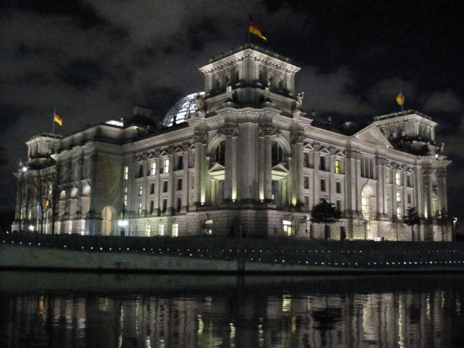 Night Back View Image Of The Reichstag Building In Berlin, Germany
