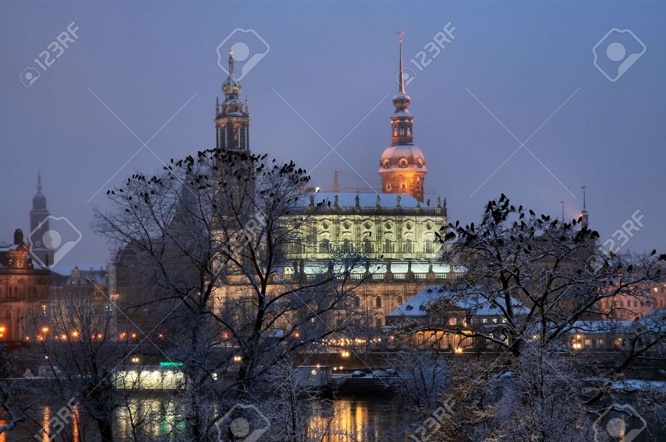 Night View Of The Frauenkirche Dresden With Snow In Germany