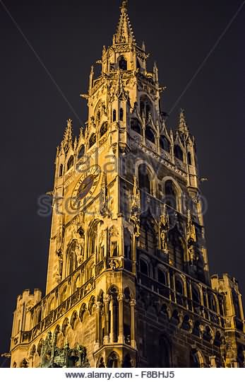 Night View Of The Neues Rathaus Tower In Munich, Germany