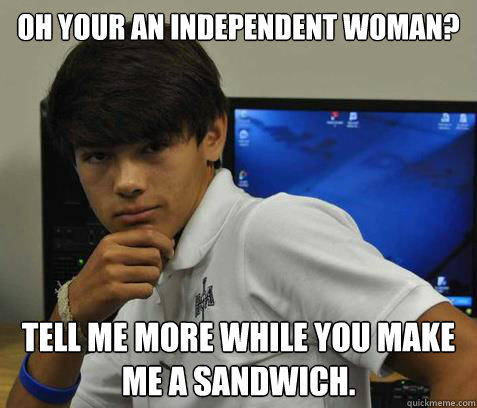 Oh Your An Independent Woman Tell Me More While You Make Me A Sandwich Funny Woman Meme Image
