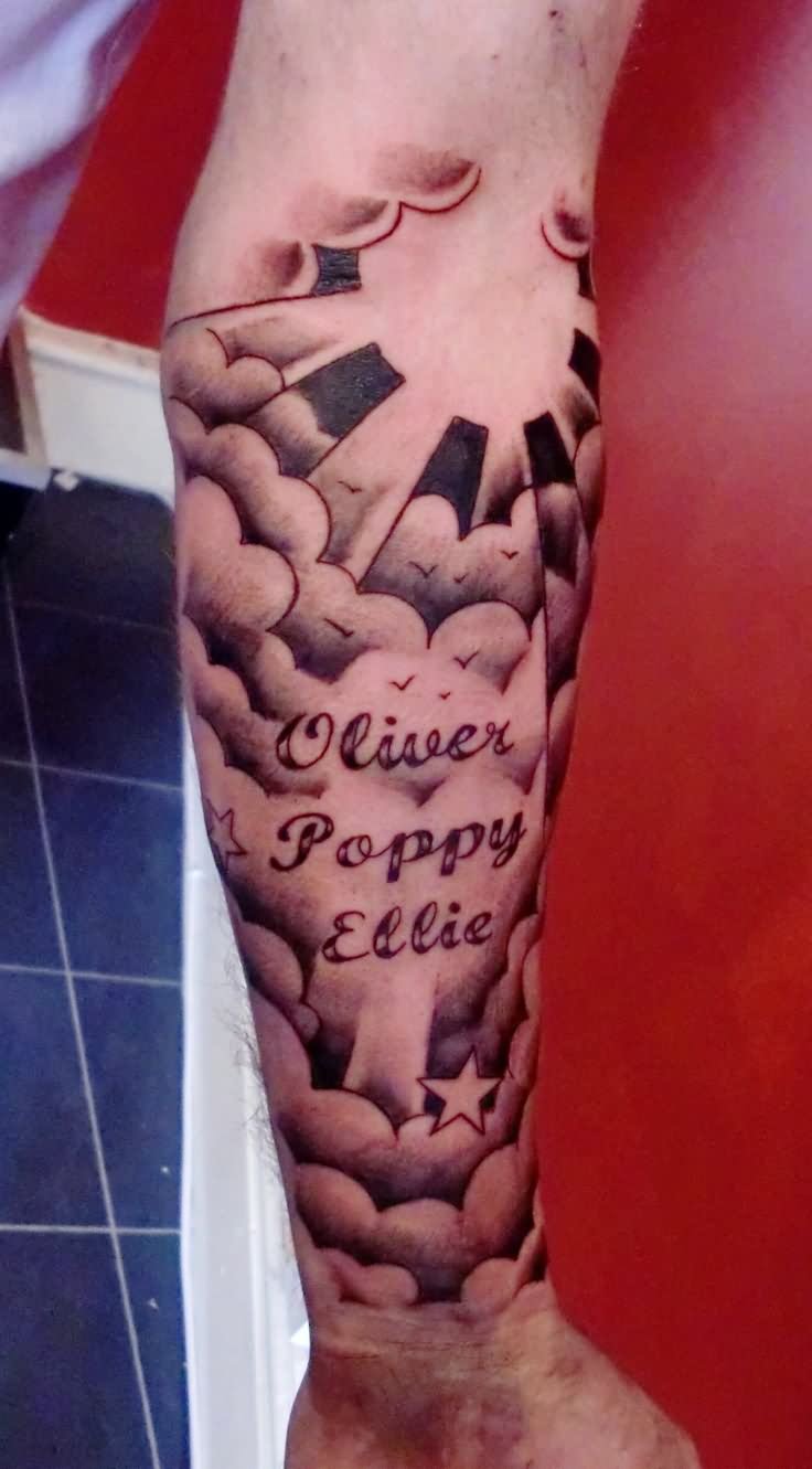 Oliver Poppy Ellie - Black Ink Clouds With Sun Tattoo On Arm
