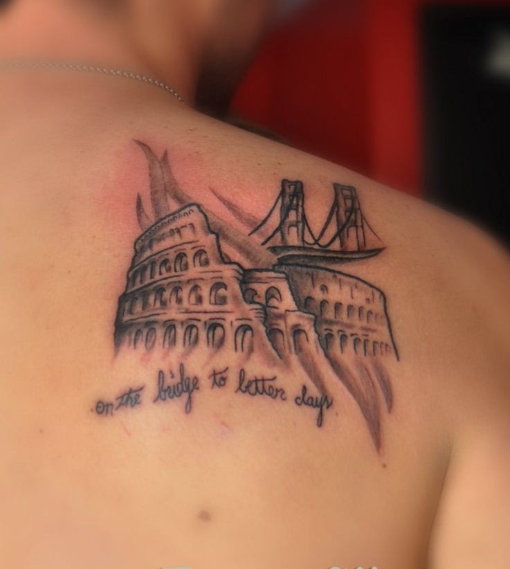 On The Bridge To Letter Days - Colosseum Tattoo On Right Back Shoulder