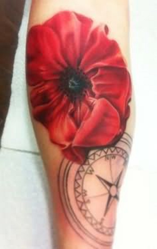 Opium Poppy Flower With Compass Tattoo Design For Sleeve