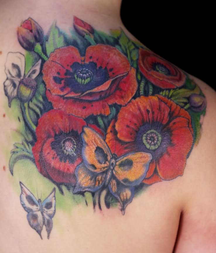 Opium Poppy Flowers With Butterflies Tattoo On Right Back Shoulder
