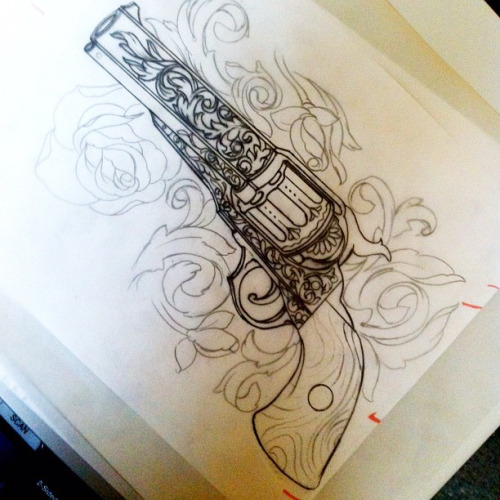 Outline Flowers And Revolver Tattoo Design