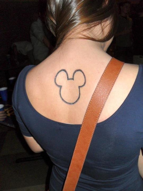 Outline Mickey Mouse Tattoo On Girl Upper Back