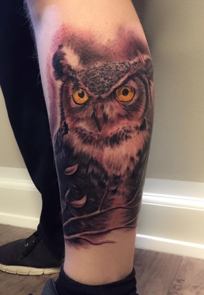 Owl Tattoo On Man Left Leg by Tattoo Mini