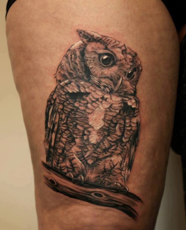 Owl Tattoo On Thigh by Anders Grucz
