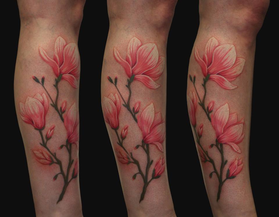 Pink Mangolia Flowers Tattoo by Anders Grucz