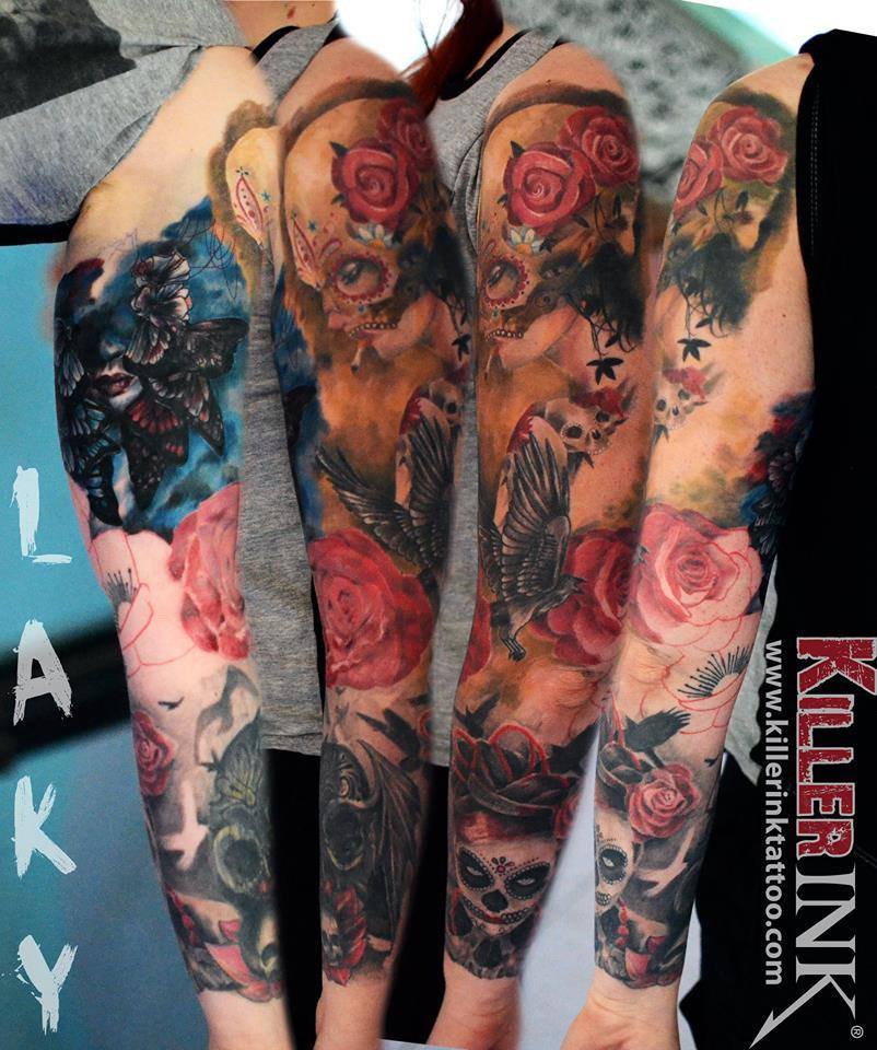 Pink Rose Flower Tattoo On Sleeve