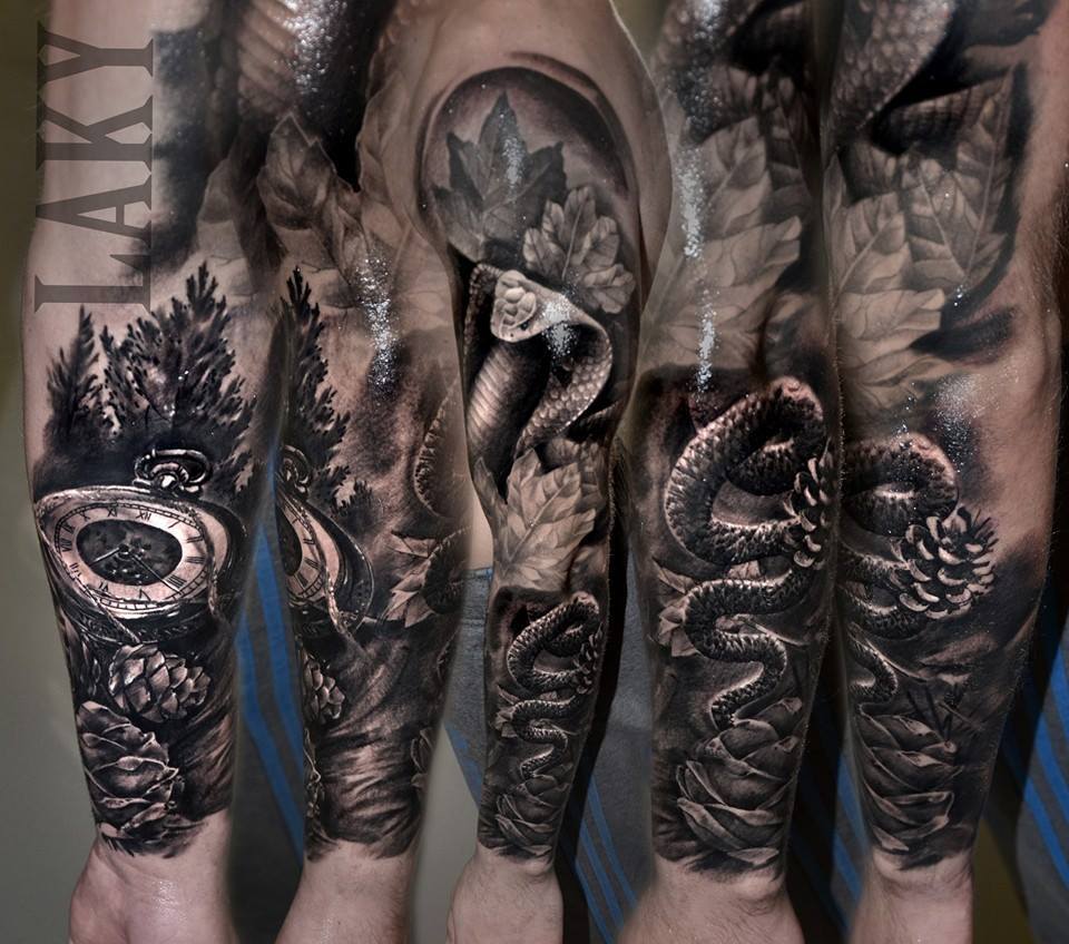 Pocket Watch And Snake Tattoo On Sleeve