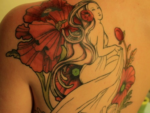 Poppy Flower With Girl Tattoo On Left Back Shoulder