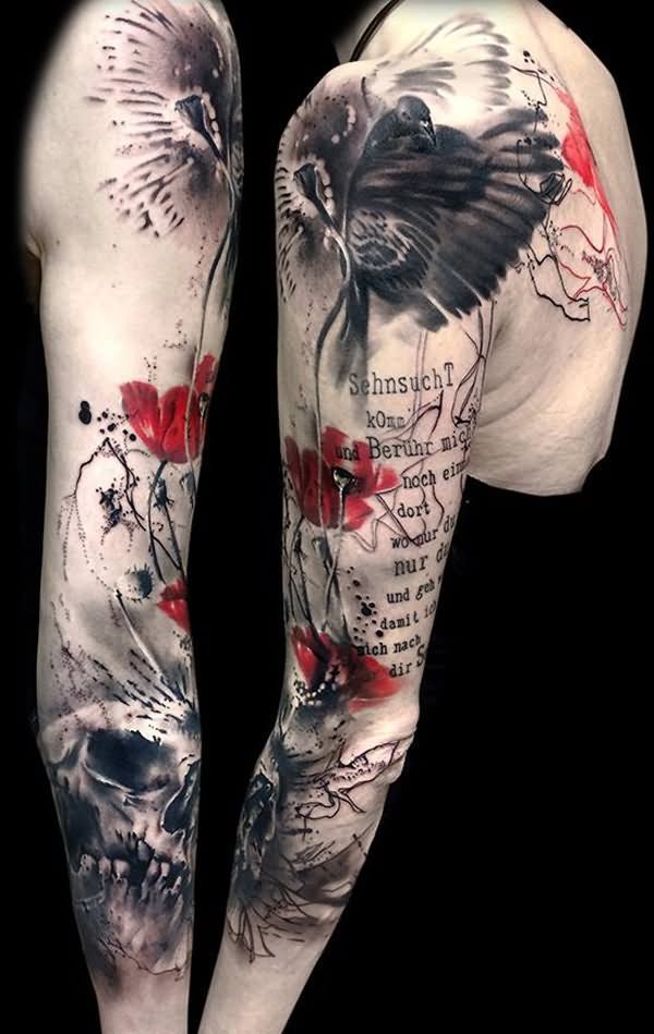 Poppy Flower With Skull And Birds Tattoo On Full Sleeve
