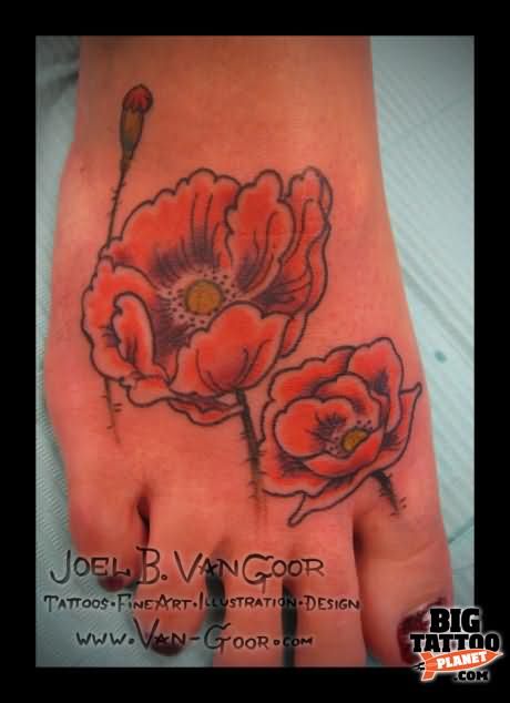 Poppy Flowers Tattoo On Right Foot