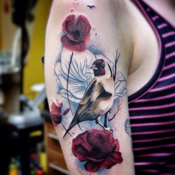 Poppy Flowers With Bird Tattoo On Right Half Sleeve