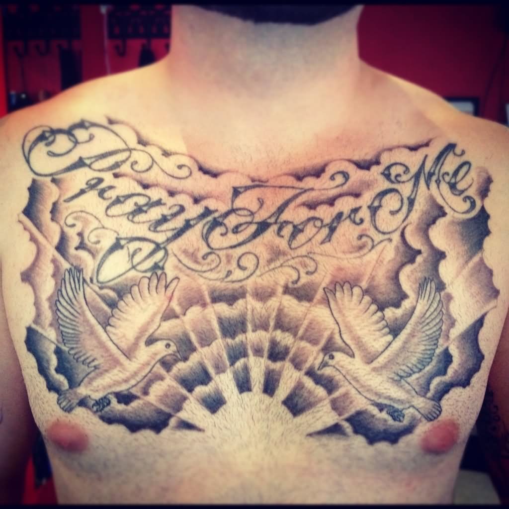 Pray For Me - Clouds With Flying Dove Tattoo On Man Chest