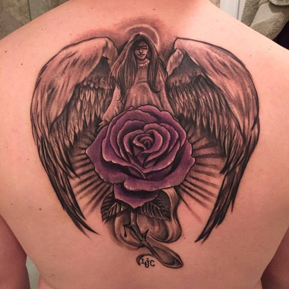 Purple Rose Flower And Grey Ink Angel Tattoo On Upper Back by Big Gus Ink