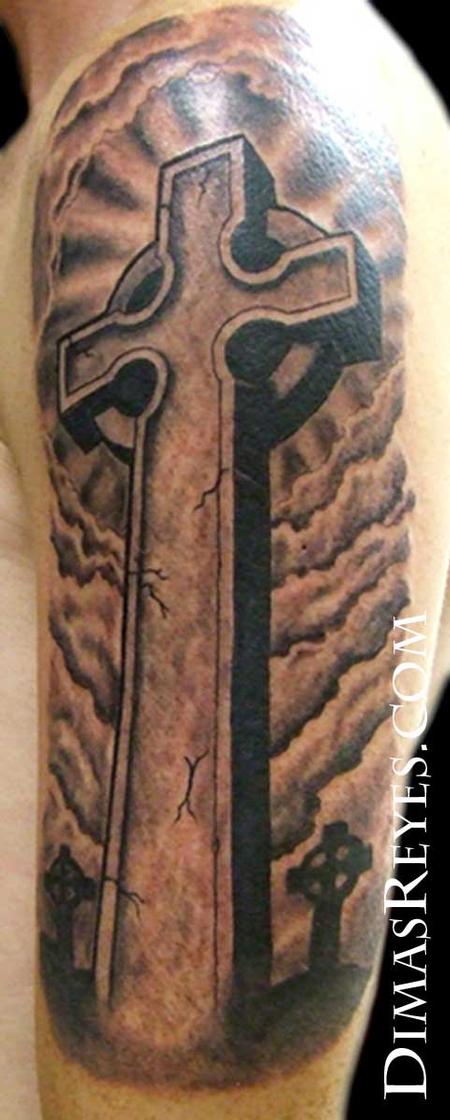 Realistic 3D Cross With Clouds Tattoo On Left Half Sleeve