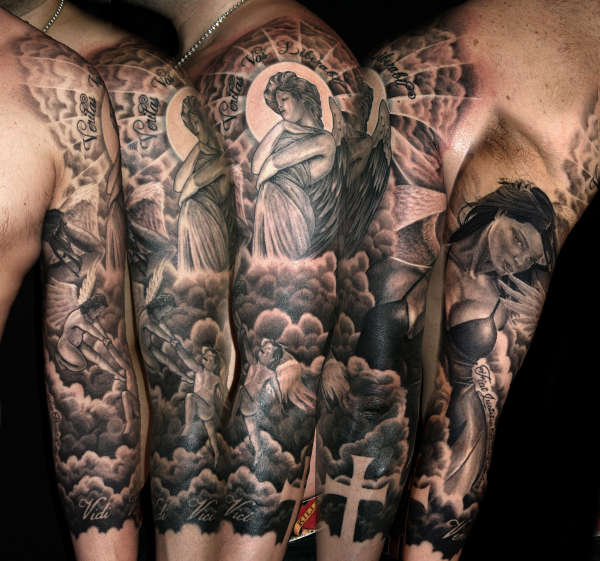 Realistic Angels And Clouds Tattoo On Half Sleeve