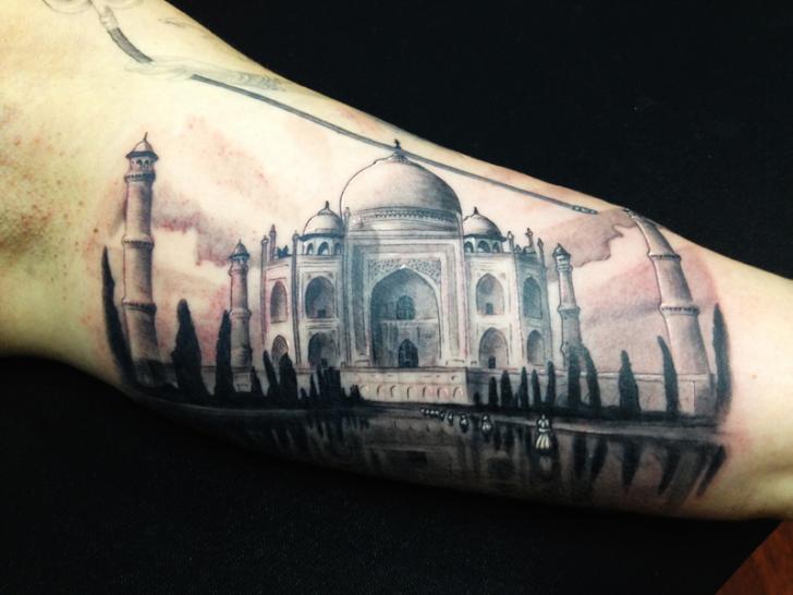 Realistic Black And Grey Taj Mahal Tattoo Design For Sleeve