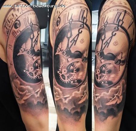 Realistic Clock With Clouds Tattoo On Right Half Sleeve